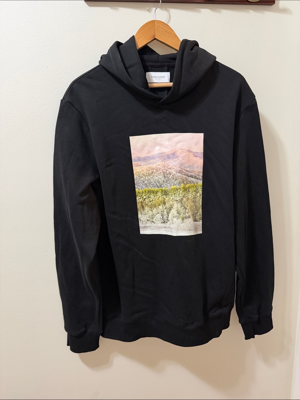 Ovadia & Sons Black Pullover Hoodie with Pastel Landscape Print Size XL